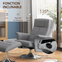 HOMCOM Fauteuil relax massant avec pouf, fauteuil TV avec dossier inclinable siège pivotant à 360° 78 x 95 x 88 cm gris foncé(m-5)
