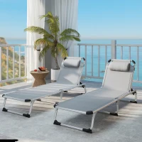 Outsunny Foldable Outdoor Sun Lounger Set of 2, Reclining Lounge Chair Camping Bed Cot with Pillow 4-Level Adjustable Back Aluminium Frame, Light Grey(m-7)