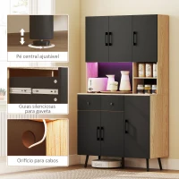 HOMCOM Armário de Cozinha Alto com Luzes LED RGB com 6 Portas 2 Gavetas Bancada 100x40x176 cm Preto e Madeira(m-8)