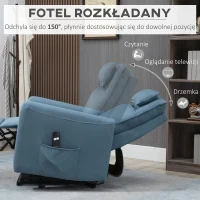 HOMCOM Fotel relaksacyjny z funkcją podnoszenia fotel telewizyjny, zintegrowany podnóżek, kieszeń boczna, pilot, 84 x 89,5 x 105 cm, Niebieski(m-5)