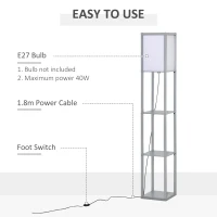 HOMCOM 3-Tier Floor Lamp, Floor Light with Storage Shelf, Reading Standing Lamp with Acrylic Shade for Living Room, Bedroom, Kitchen, Dining Room, Office, Dorm, 160cm, Grey(m-5)