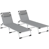 Outsunny Foldable Outdoor Sun Lounger Set of 2, Reclining Lounge Chair Camping Bed Cot with Pillow 4-Level Adjustable Back Aluminium Frame, Light Grey(m-11)