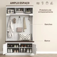 HOMCOM Móvel Cabide de Entrada com Banco Sapateira 5 Ganchos 3 Prateleiras Armário e Compartimentos Estilo Rústico 105x40x180 cm Branco(m-4)