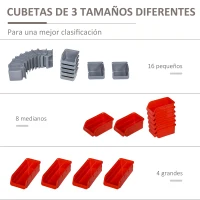DURHAND Estantería de Pared para Herramientas de 44 Piezas 95x54 cm con 28 Cajas Apilables y Diferentes Ganchos Gris y Rojo(m-6)