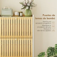 HOMCOM Zapatero Estrecho con 3 Puertas de Bambú con Listones Estantes Ajustables para 18 Pares de Zapatos Blanco y Natural(m-6)