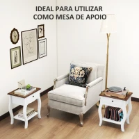 HOMCOM Conjunto de 2 Mesas de Cabeceira com Gaveta Estante Aberto e Bancada Efeito Carvalho Estilo Francês 45x35x55 cm Branco e Carvalho(m-6)