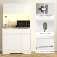 HOMCOM Buffet cuisine meuble cuisine rangement haut avec lumière LED RGB, plan de travail, 6 portes, 2 tiroirs, blanc(m-7)