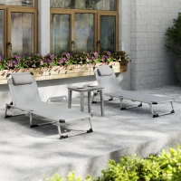 Outsunny Foldable Outdoor Sun Lounger Set of 2, Reclining Lounge Chair Camping Bed Cot with Pillow 4-Level Adjustable Back Aluminium Frame, Light Grey(m-9)