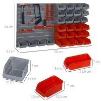 DURHAND Estantería de Pared para Herramientas de 44 Piezas 95x54 cm con 28 Cajas Apilables y Diferentes Ganchos Gris y Rojo(m-3)