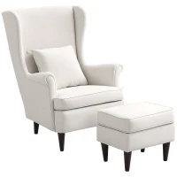 HOMCOM Sillón con Reposapiés Respaldo Alto Capitoné Patas de Madera Almohada Acolchada y Tapizado en Lino Beige(m-11)
