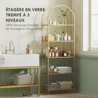 HOMCOM Bibliothèque étagère de rangement en verre à 5 niveaux arqué pour salon, bureau, chambre, 60 x 30 x 175 cm, doré(m-4)