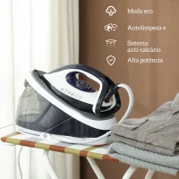 HOMCOM Ferro com Caldeira 2600W 100 g/min 8 Bares Função ECO Base de Cerâmica Desligamento Automático Sistema Anticalcário Autolimpeza Depósito Removível 1,5 L 37x19,8x24 cm Azul(m-4)
