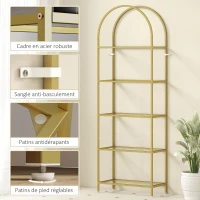 HOMCOM Bibliothèque étagère de rangement en verre à 5 niveaux arqué pour salon, bureau, chambre, 60 x 30 x 175 cm, doré(m-5)