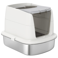 PawHut Litière pour chat en acier inoxydable, litière pour chat fermée avec pelle, sac désodorisant, entrée sortie