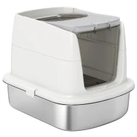 PawHut Litière pour chat en acier inoxydable, litière pour chat fermée avec pelle, sac désodorisant, entrée sortie(m-1)