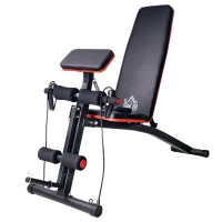HOMCOM Banc de musculation pliable inclinable, banc réglable pour le développé couché, le curl biceps, la musculation du dos et des abdominaux, avec extenseur des jambes, acier, noir rouge(m-10)
