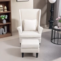 HOMCOM Sillón con Reposapiés Respaldo Alto Capitoné Patas de Madera Almohada Acolchada y Tapizado en Lino Beige(m-9)