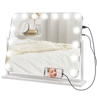 HOMCOM Specchio da Trucco con 14 Luci LED Regolabili e Ricarica USB, in Vetro e Metallo, 62.5x14x49.5 cm, Bianco(m-1)