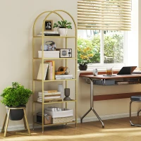 HOMCOM Bibliothèque étagère de rangement en verre à 5 niveaux arqué pour salon, bureau, chambre, 60 x 30 x 175 cm, doré(m-6)