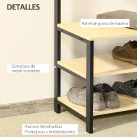 HOMCOM Perchero Metálico Zapatero con 3 Estantes y 4 Ganchos para Colgar Ropas para Pasillo Entrada 60x40x175cm Negro y Natural(m-5)