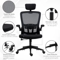 Vinsetto Silla de Oficina de Malla Silla Escritorio Giratoria con Altura Ajustable Reposabrazos Plegable Reposacabezas y Soporte Lumbar Regulables 65x64x114-122 cm Negro(m-9)