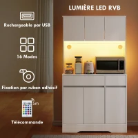 HOMCOM Buffet cuisine meuble cuisine rangement haut avec lumière LED RGB, plan de travail, 6 portes, 2 tiroirs, blanc(m-4)