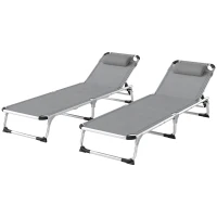 Outsunny Foldable Outdoor Sun Lounger Set of 2, Reclining Lounge Chair Camping Bed Cot with Pillow 4-Level Adjustable Back Aluminium Frame, Light Grey(m-1)