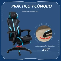 Vinsetto Silla Gaming con Reposapiés Retráctil Silla de Oficina Giratoria Reclinable con Reposacabezas y Altura Ajustable 65x65x119-129 cm Negro y Azul(m-7)