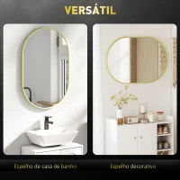 HOMCOM Espelho Casa de Banho 60x90 cm Espelho Decorativo de Parede com Estrutura de Alumínio Horizontal ou Vertical Dourado(m-4)