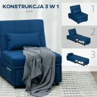 HOMCOM 3-w-1 Rozkładany fotel z boczną kieszenią, łóżko gościnne z poduszką, regulowane oparcie, fotel do spania na kółkach, niebieski(m-6)