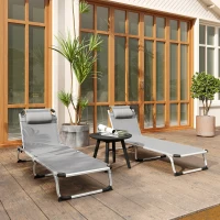 Outsunny Foldable Outdoor Sun Lounger Set of 2, Reclining Lounge Chair Camping Bed Cot with Pillow 4-Level Adjustable Back Aluminium Frame, Light Grey(m-8)