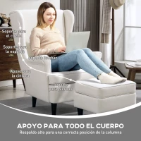 HOMCOM Sillón con Reposapiés Respaldo Alto Capitoné Patas de Madera Almohada Acolchada y Tapizado en Lino Beige(m-4)