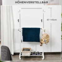 HOMCOM Rollbarer Garderobenständer, höhenverstellbar, mit unterer Ablage, 4 Räder, Weiß(m-4)
