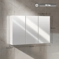 HOMCOM Szafa łazienkowa z lustrem, szafka z 3 lustrowanymi drzwiami, montaż na ścianie, 90 x 15,5 x 60 cm, płyta wiórowa, Biała(m-3)