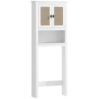 HOMCOM Mueble sobre Inodoro con 2 Puertas con Frontal de Ratán Compartimento y Estante Ajustable 60x19,5x160 cm Blanco(m-1)