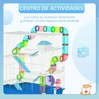 PawHut Jaula para Hámster con Túnel Plataformas Cuenco Bebedero Casita Rampas y Rueda de Ejercicio 59x36x69 cm Azul(m-4)