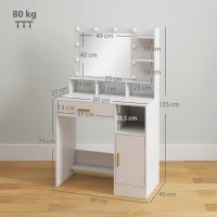 HOMCOM Frisiertisch mit LED-Spiegel und 10 Lichtern, dimmbar, Schublade, Schrank und offene Regale, 80x40x135cm, weiß(m-3)