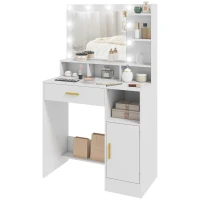HOMCOM Frisiertisch mit LED-Spiegel und 10 Lichtern, dimmbar, Schublade, Schrank und offene Regale, 80x40x135cm, weiß(m-1)