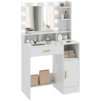 HOMCOM Mesa de Maquillaje con Espejo y 10 Luces LED Luminosidad Ajustable Cajón Armario y Estantes Abiertos 80x40x135 cm Blanco(m-6)