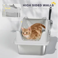 PawHut Stainless Steel Cat Litter Box with High Sides, Metal Scoop, 43 x 33 x 25 cm(m-6)