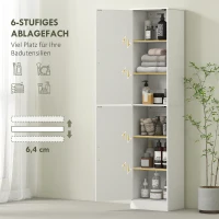 HOMCOM 180 cm hoher Badezimmerschrank, schmaler Badschrank mit 2 Türen, 4 verstellbare Regale, Spanplatte, MDF, Weiß(m-4)