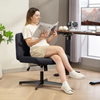 HOMCOM Armless Office Chair No Wheels, Linen Fabric Criss Cross Legged Desk Chair with Wide Seat, Thick Padding, Tilt Function, Height Adjustable Swivel Computer Seat for Home, Black(m-2)