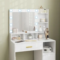 HOMCOM Frisiertisch mit LED-Spiegel und 10 Lichtern, dimmbar, Schublade, Schrank und offene Regale, 80x40x135cm, weiß(m-5)