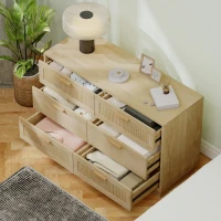HOMCOM Cómoda de Madera con 6 Cajones de Rejilla de Ratán Estilo Bohemio Mueble Cajonera para Salón Oficina 110x40x69 cm Roble(m-7)