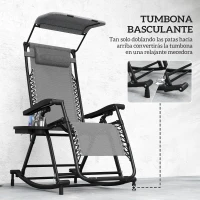 Outsunny Silla Mecedora de Jardín Plegable Tumbona Reclinable con Techo Protección Solar Reposacabezas Extraíble y Reposapiés Estructura de Acero 120x67x102 cm Gris(m-8)