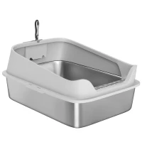 PawHut Lettiera per Gatti in Acciaio Inossidabile XXL con Bordo Alto Paletta Facile da Pulire a Prova di Perdite 70x50x30 cm Grigio(m-5)