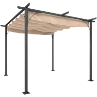 Outsunny Pérgola de Jardín 3x3m Gazebo Cenador para Exterior con Techo Retráctil Tela Poliéster Impermeable y Anti-UV para Patio Terraza Beige(m-10)