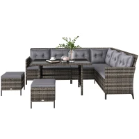 Outsunny Ensemble salon de jardin 8 personnes grand confort 3 canapés d'angle + 2 poufs + table à manger 12 coussins assise & dossier fournis polyester écru résine tressée gris(m-10)