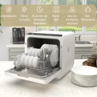 HOMCOM Lavavajillas Pequeño con 5+1 Programas Dos Modos de Suministro de Agua Depósito de Agua de 6L Pantalla LED Blanco(m-8)