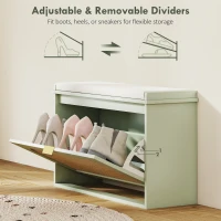 HOMCOM Boho Shoe Bench with Padded Seat and Flip-Drawer - Light Green(m-7)